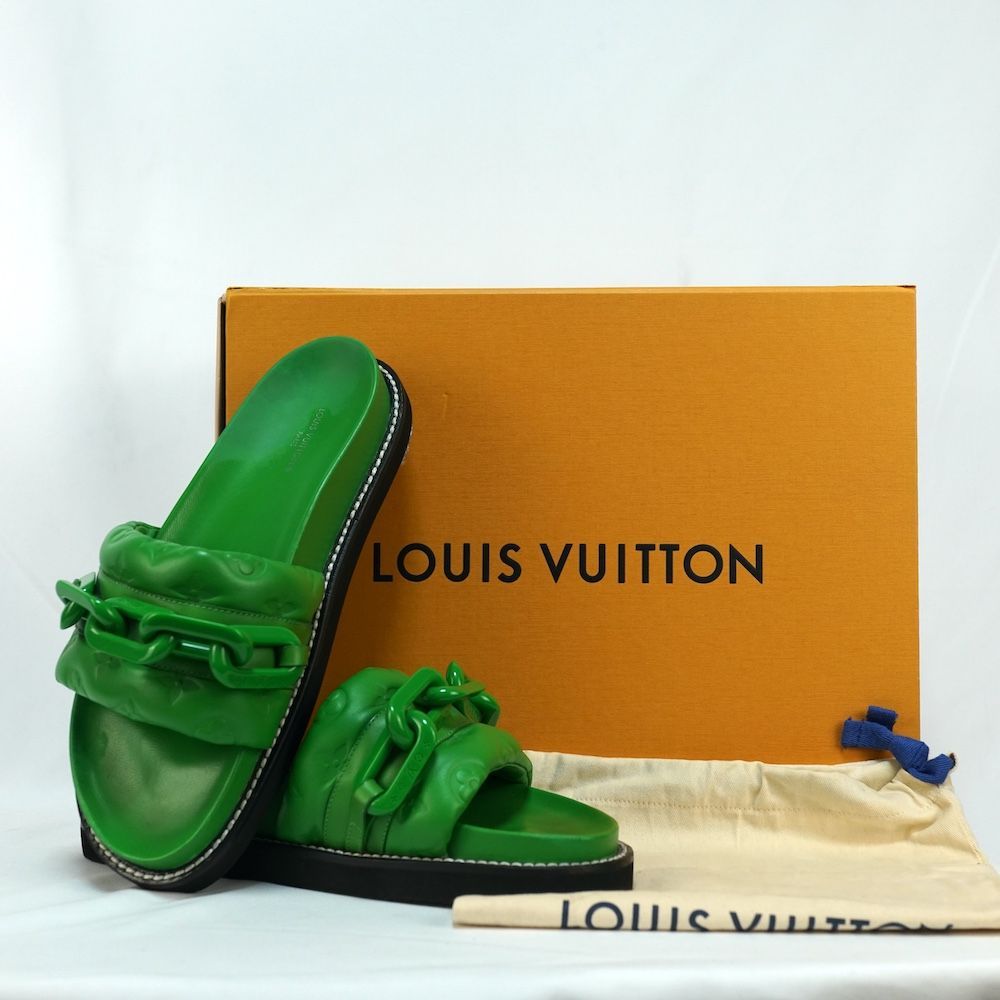 LOUIS VUITTON ルイヴィトン LV サンセット ライン フラット コンフォートミュール チャンキーチェーン レザー エンボス加工 モノグラム グリーン 40サイズ（約26cm）1A9R9Y