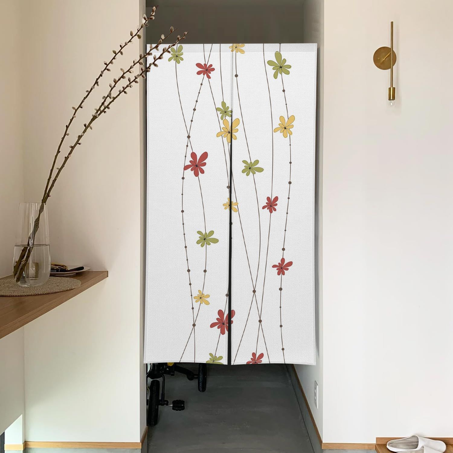 Qinunipoto のれん 花 シンプル風 ベージュ色 暖簾 幅85×丈150cm インテリア 目隠し おしゃれ すだれ 遮光 部屋 間仕切り ロング カーテン 麻調ポリエステル製 オーダー可 冷／暖気遮断 簡単取付 リビング 玄関／キッチン／お風呂／喫 0