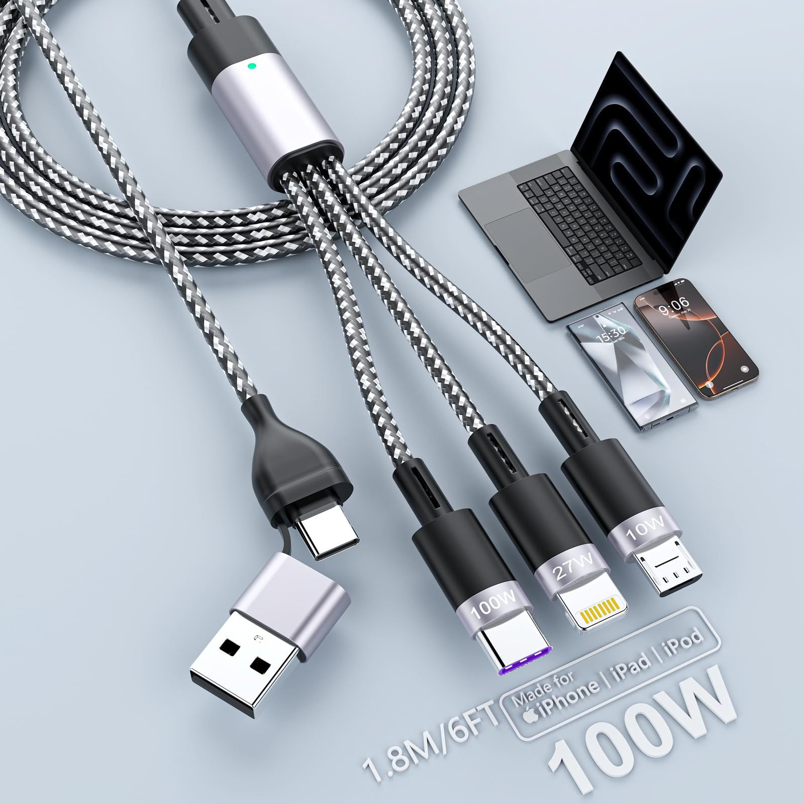 【2026新モデル】3in1 充電ケーブル 100W急速充電 USB-C＋USB-A to USB-C／Lightning／Micro 充電コード 1