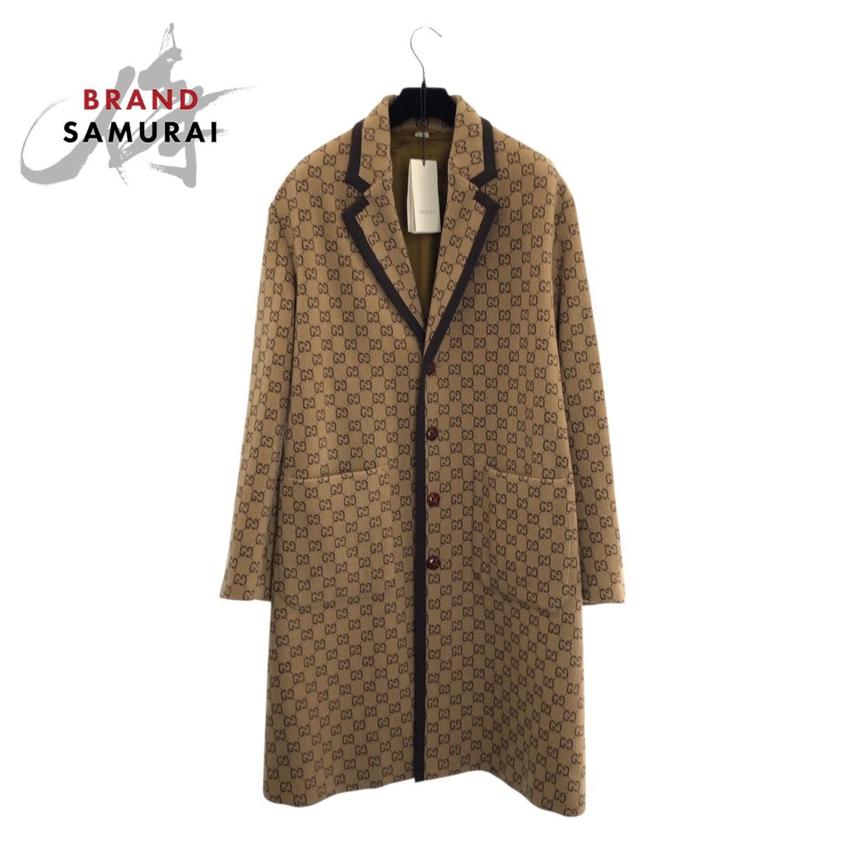 美品 GUCCI グッチ GGジャカード メルトン サイズ48 ベージュ ブラウン ウール 598710 コート チェスターコート メンズ 604016【中古】