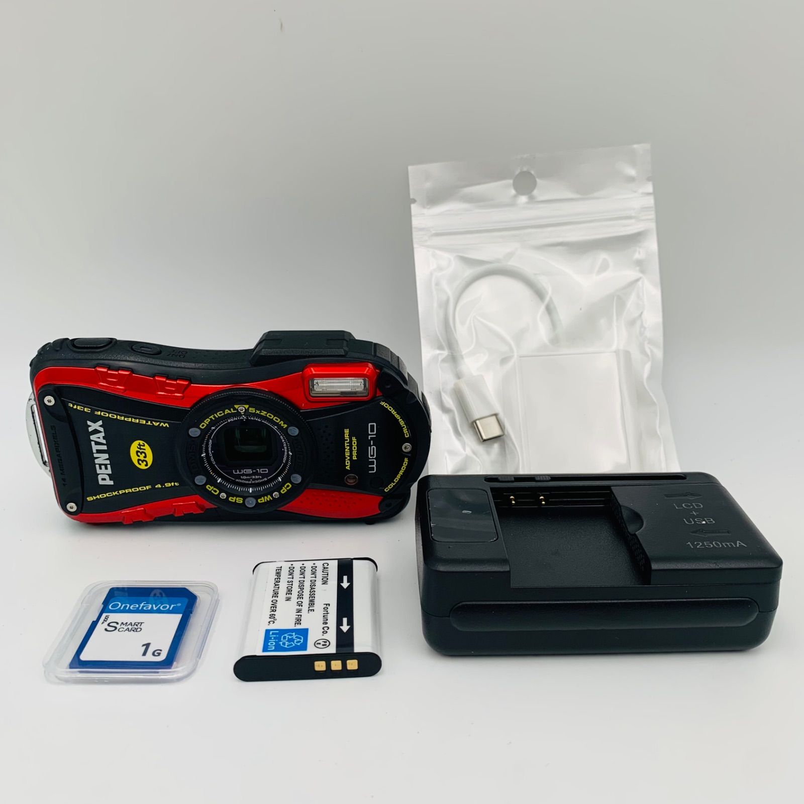 【美品】PENTAX WG-10 レッド 充電器•バッテリー•SDカード•カードリーダー スマホ転送OK！ (0876)