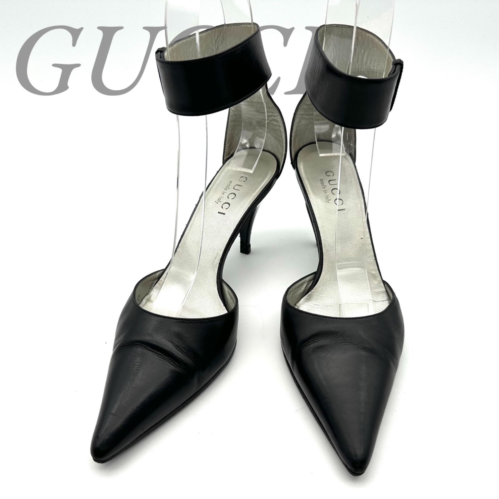 【B6038】 GUCCI グッチ パンプス ハイヒール レザー ブラック ポインテッドトゥ アンクルストラップ バックル セパレート