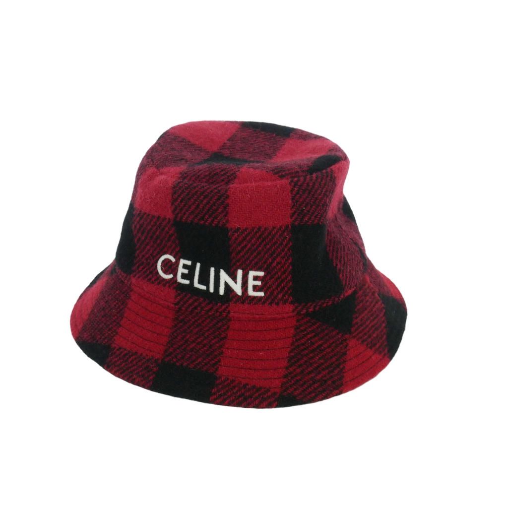 セリーヌ CELINE チェック柄 バケットハット ロゴ刺繡 S 赤 黒 レッド ブラック 2AU5B018F