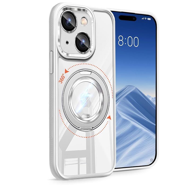 【新品】 DAMESINE iPhone 15用ケースMagsafe対応 クリアアクリル背面 マグネット回転リングスタンド付き シリコン耐衝撃 薄型 カメラコントロールボタン オシャレキラキラ着脱式カメラカバー かわいいアイフォン 15ケース ホワイト