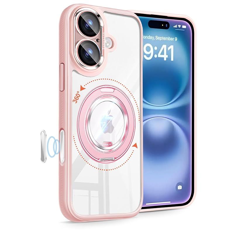 【新品】 DAMESINE iPhone 16用ケースMagsafe対応 クリアアクリル背面 マグネットリングスタンド付き シリコン耐衝撃 軽量 カメラコントロールボタン キラキラ着脱カメラカバーレンズ保護 かわいいアイフォン16ケース ピンク