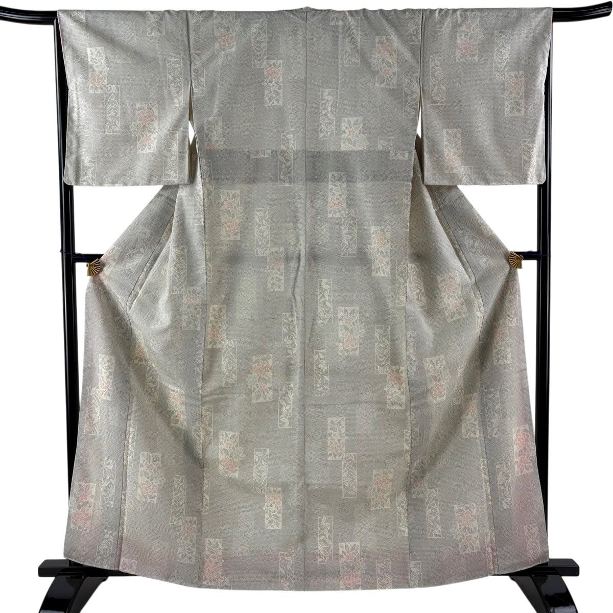 塩沢紬 身丈163cm 裄丈66.5cm M 袷 塩沢絣 証紙 短冊 草花 クリーム 正絹 逸品 【中古】