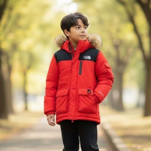 韓国規格　THE NORTH FACE（ザ・ノース・フェイス）HYVENT（ハイベント）PROHEAT（プロヒート）フードファー付きダウンジャケット　130　キッズ　赤×黒　高機能 8,260円