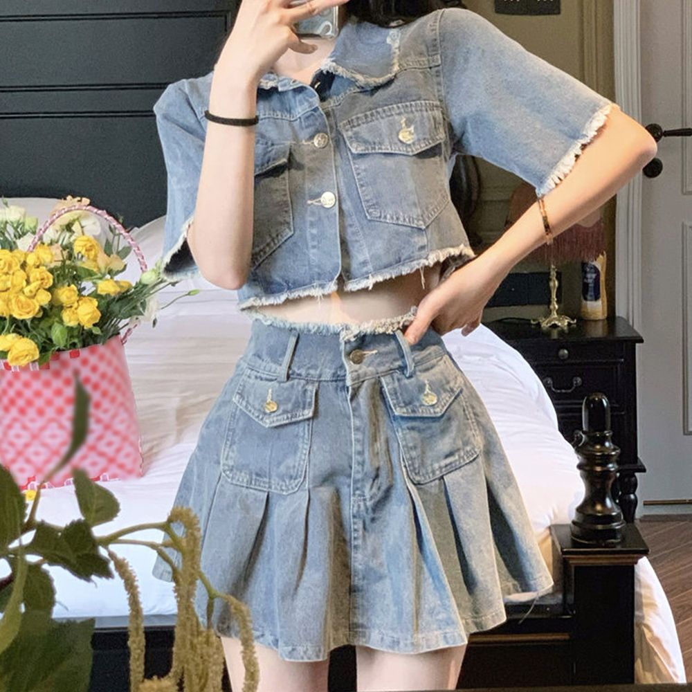 デニムセットアップ レディース 韓国 春夏 デニム 半袖 クラッシュ 