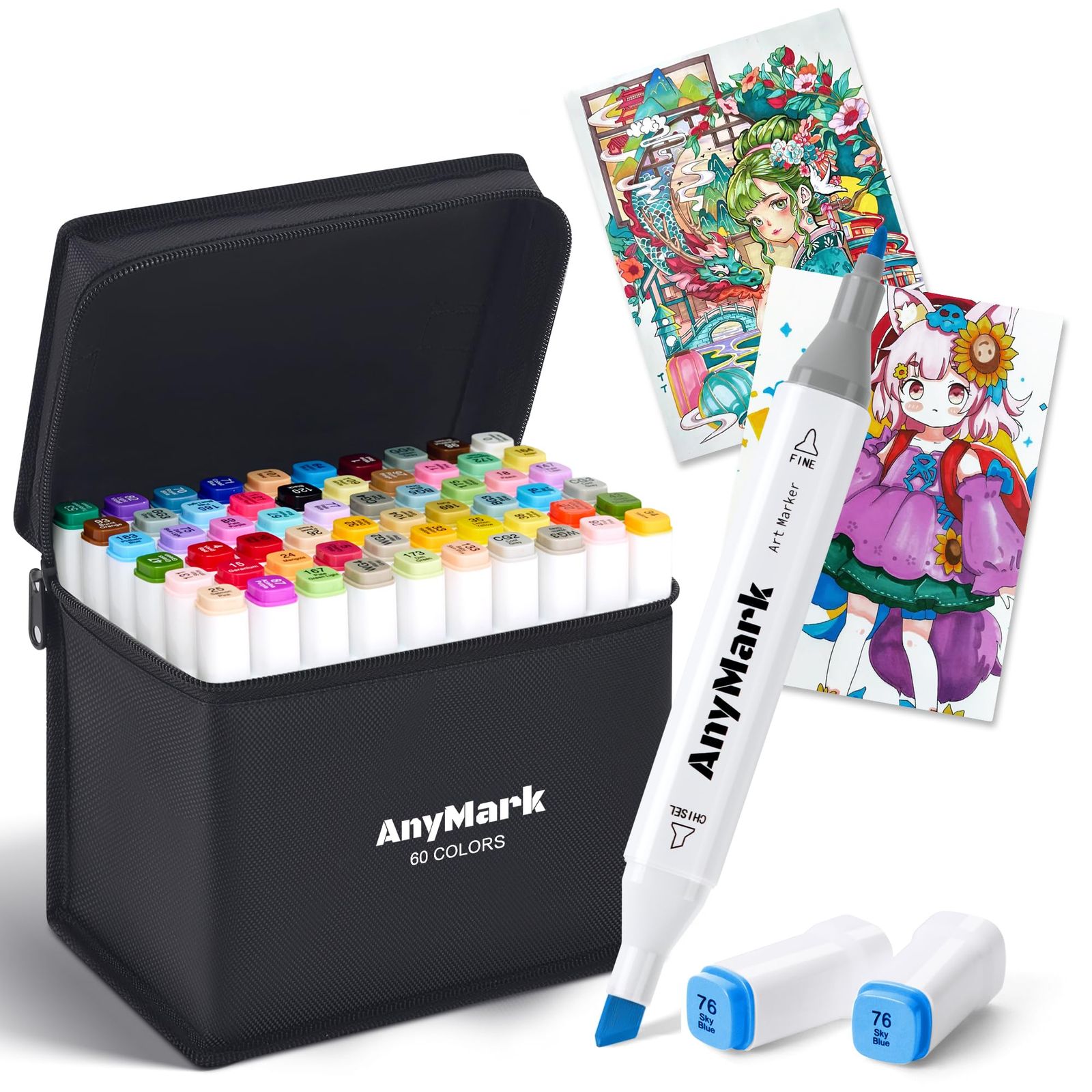 AnyMark Illustration Markers 60 Color Alcohol Markers Dual Tip Professional Art Supplies Set for Adult Coloring Illustrations Manga Sketches 1