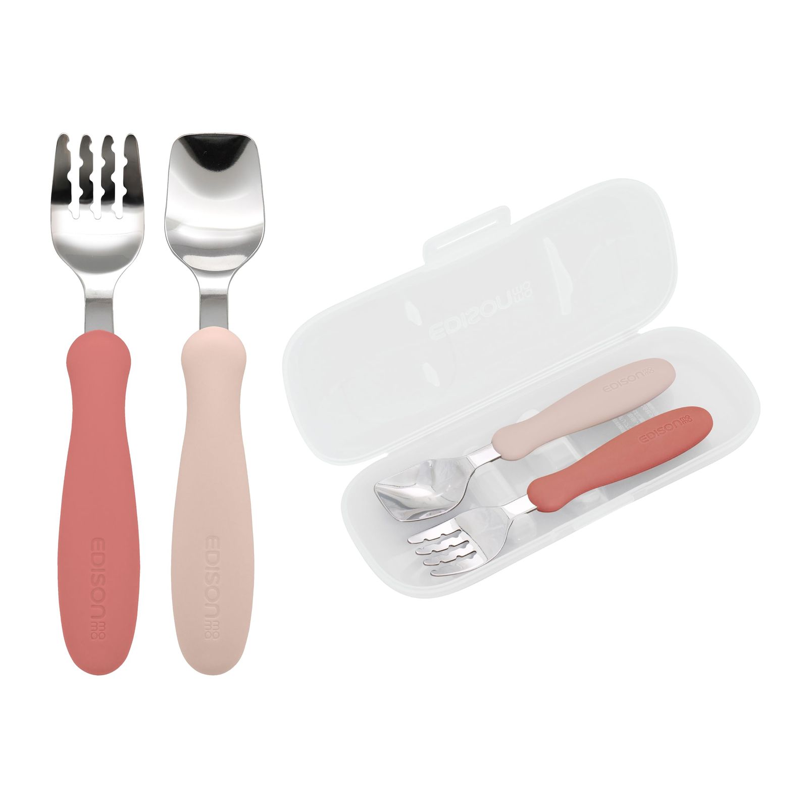 EDISONmama(エジソンママ) フォークスプーン 14cm 1.5歳~ ケース付 ラズベリー／麺が落ちない 容器の端まですくえる 食洗機・乾燥機OK ステンレス スプーン練習 フォーク練習 自分で食べる 0