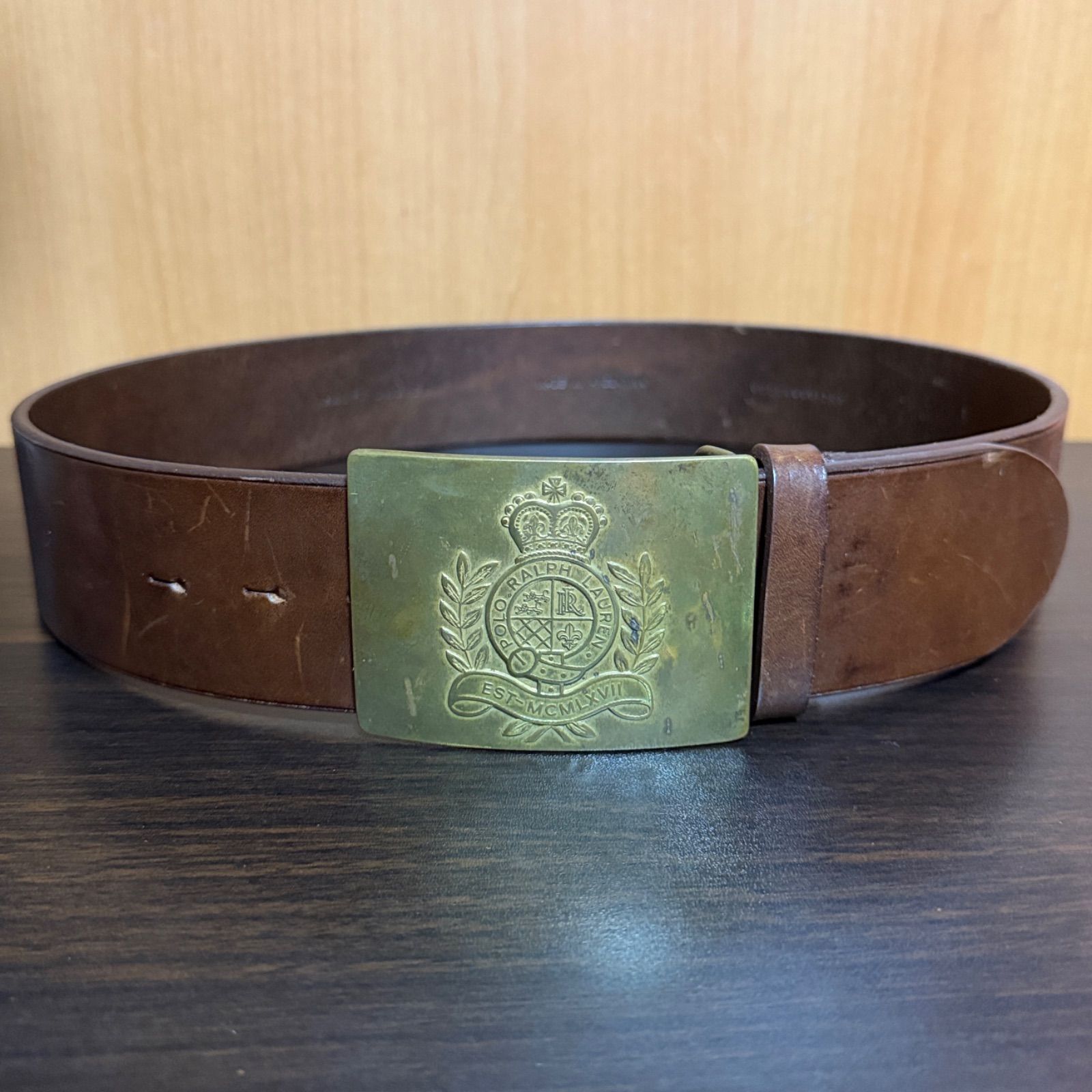 Ralph Lauren エンブレムバックル 太幅レザーベルト L ブラウン 6,400円