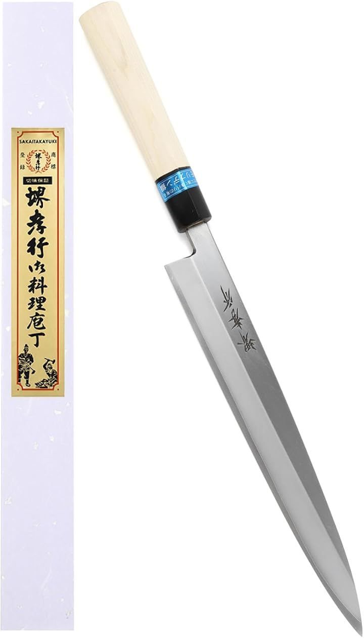 KitcheNavi 堺孝行 600年の継承技術。プロの料理人が愛用INOX和包丁 正夫包丁 日本製 刺身 柳刃包丁 モリブデン鋼 朴水牛柄 専用箱入り (シルバー, 240mm)