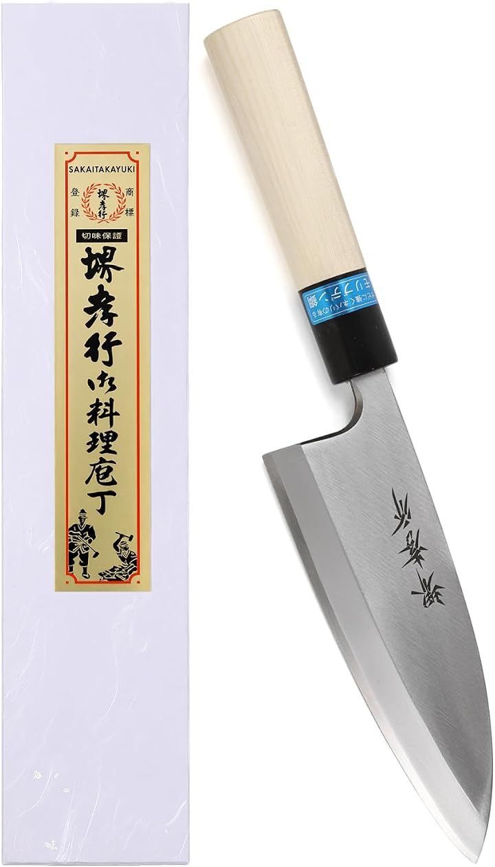 KitcheNavi 堺孝行 600年の継承技術。プロの料理人が愛用 INOX和包丁 出刃包丁 魚さばき でば包丁 日本製 朴水牛柄 専用箱入り (シルバー, 150mm)