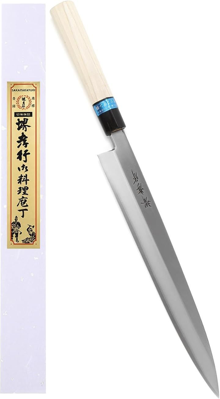 KitcheNavi 堺孝行 600年の継承技術。プロの料理人が愛用INOX和包丁 正夫包丁 日本製 刺身 柳刃包丁 モリブデン鋼 朴水牛柄 専用箱入り (シルバー, 270mm)