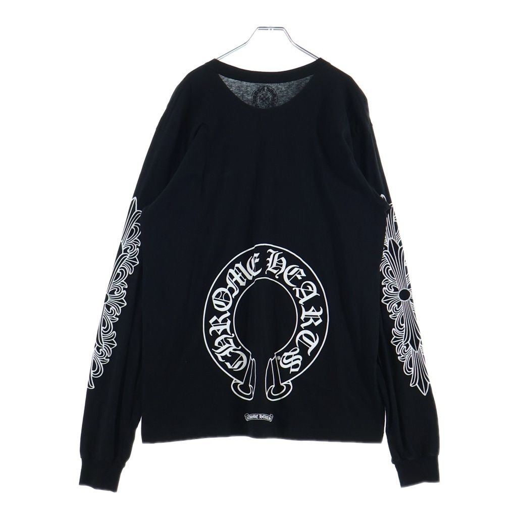 CHROME HEARTS (クロムハーツ) FLRL CRS HORSESHOE LS TEE アームフローラルクロス バックホースシュー クルーネック長袖Tシャツカットソー ブラック