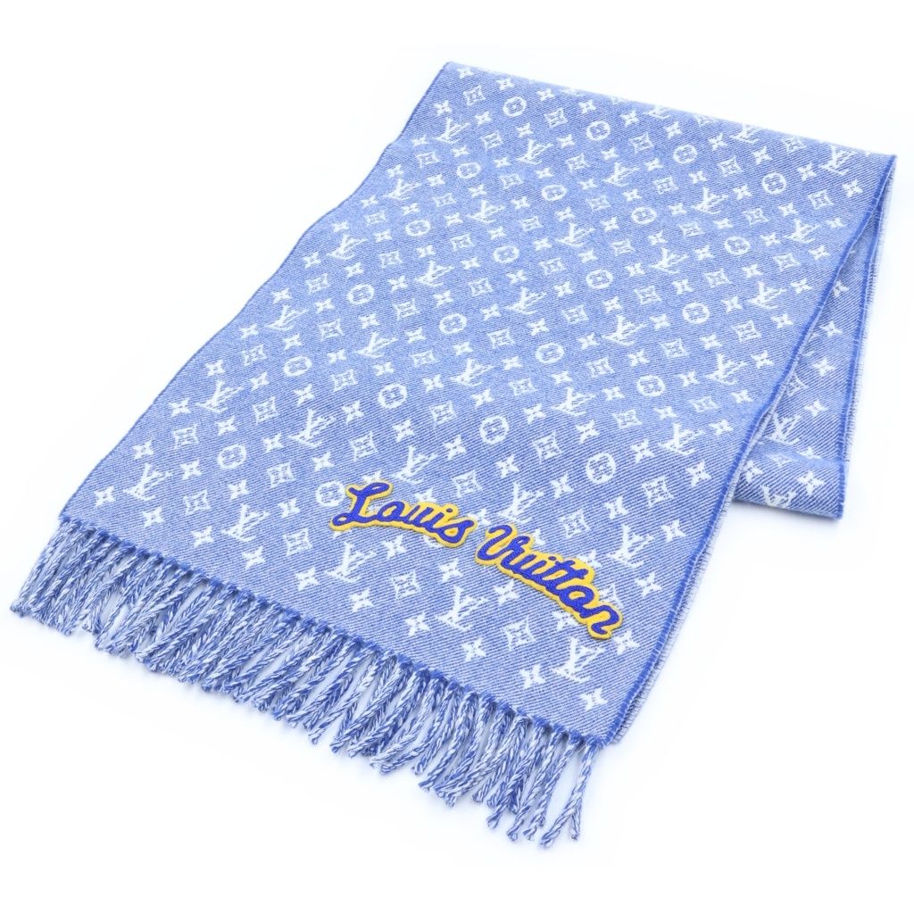 LOUIS VUITTON (ルイヴィトン) エシャルプ デニム エンベリッシュド モノグラム ワッペンロゴ フリンジ ウール カシミヤ マフラー ストール ブルー AB0198 M71356