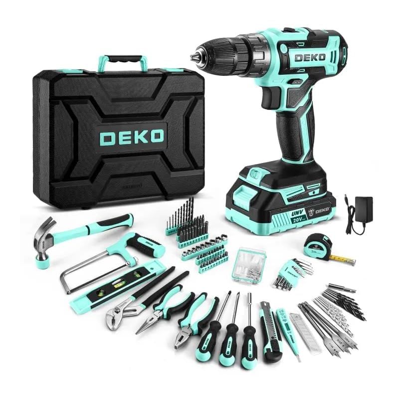 【新品】 【20V電動ドリル付き】186点本組 工具セット ホームツールセット 家庭用 ツールセット 日曜大工 DIYセット 作業工具セット 家具の組み立て 住まいのメンテナンス用 修理道具セット 便利な収納ケース付き ターコイズ 1