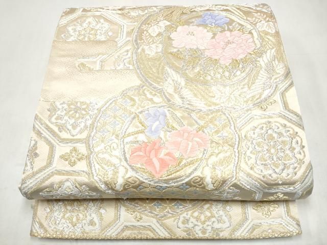 平和屋本店▼六通柄袋帯　絵皿花文　本金箔24K　正絹　逸品　CABL4852hy