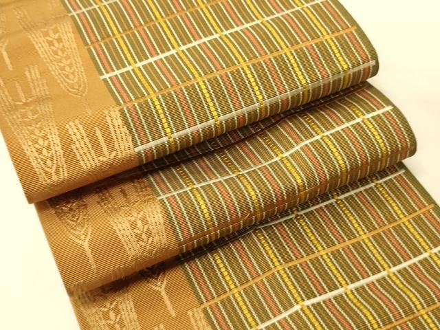 半幅帯 美品 名品 証紙あり 本場筑前博多織 縞 草花 黄土色 正絹