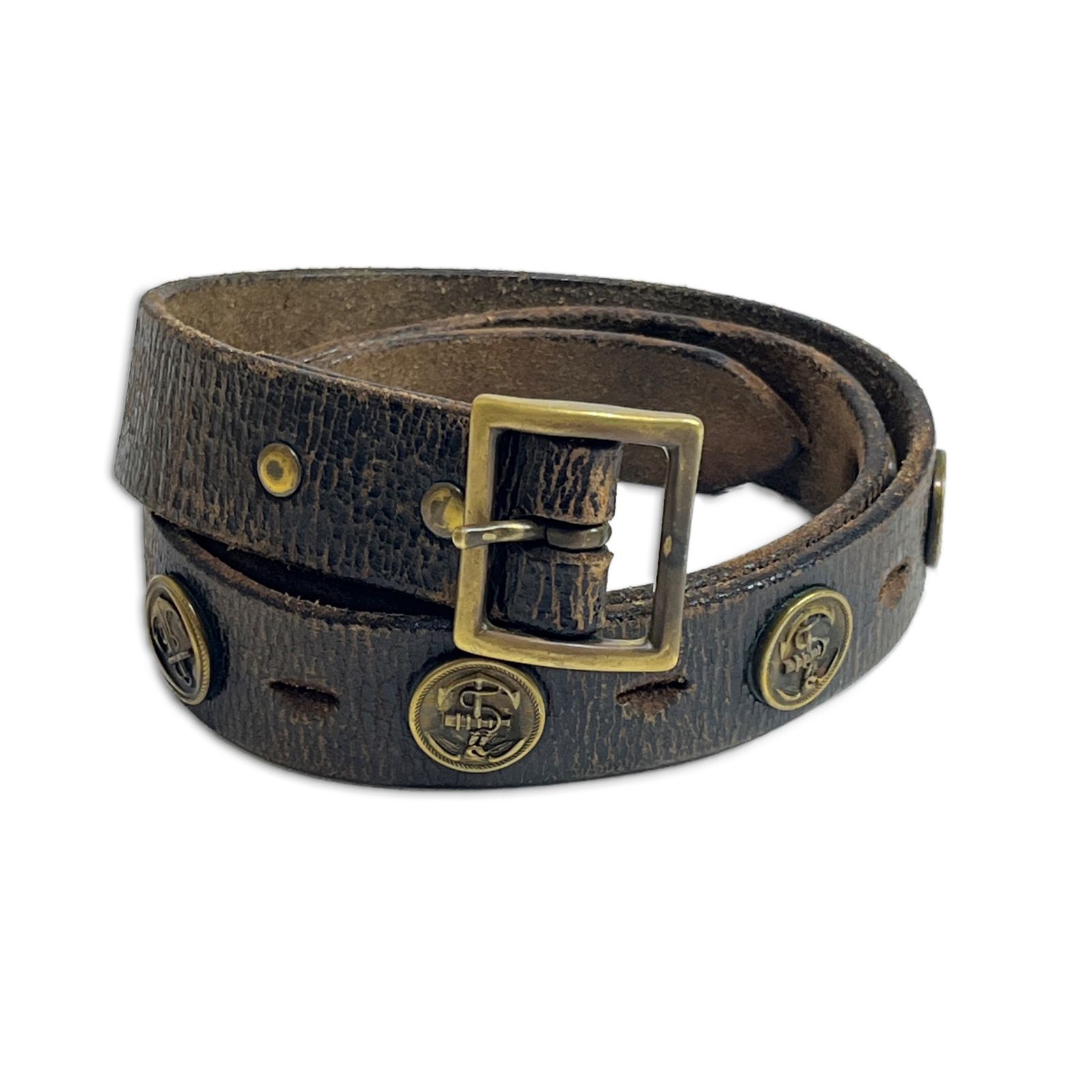 RRL 코인 모티프 가죽 벨트 브라운 빈티지 피니쉬 이탈리안 더블 RL 2000000026978