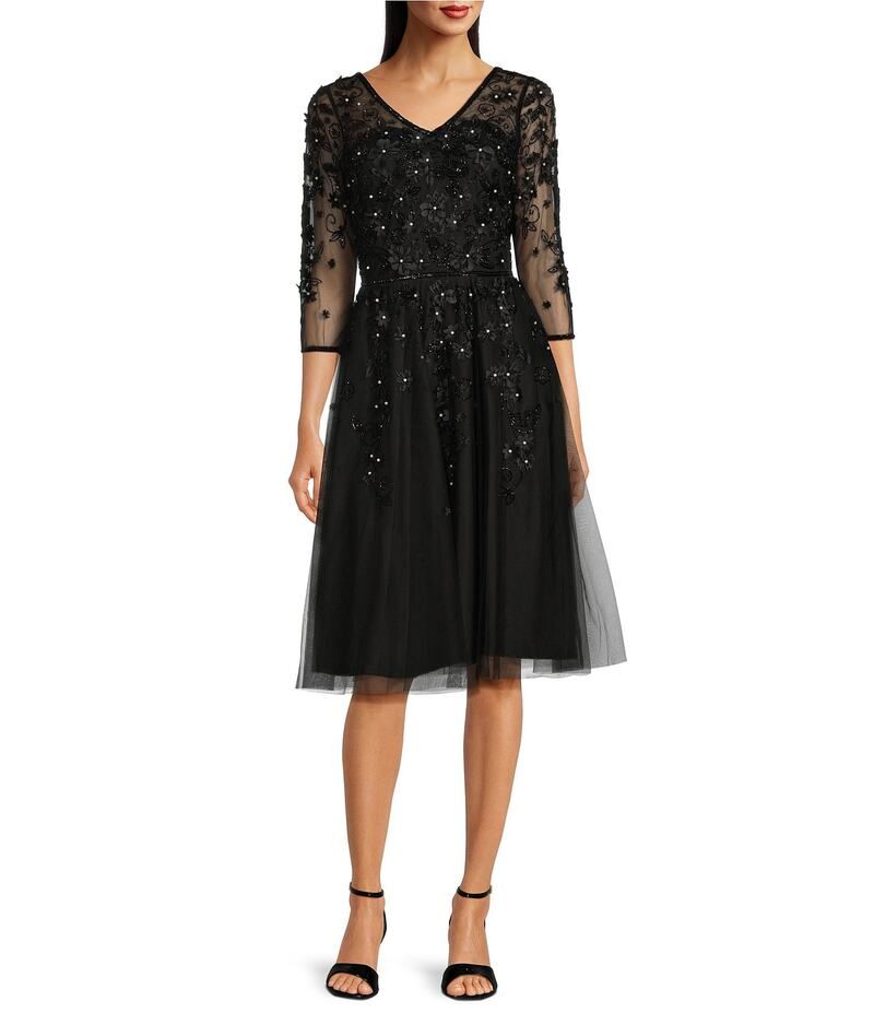 ピサッロナイツ レディース トップス ワンピース Vネック A ライン ミディワンピース メッシュ ミディ Pisarro Nights Beaded Mesh VNeck 34 Sleeve ALi