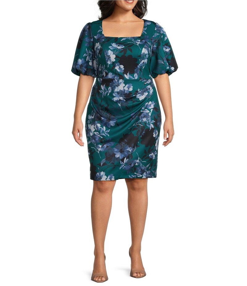アレックスイブニングス レディース トップス ワンピース フラワー柄 プラスサイズ フラワー Alex Evenings Plus Size Short Puff Sleeve Square Neck