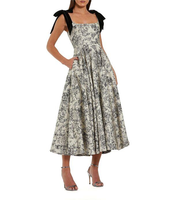 マックダガル レディース トップス ワンピース A ライン ミディ Mac Duggal Brocade Square Neck Bow Strapside Pocket ALine Midi Dre