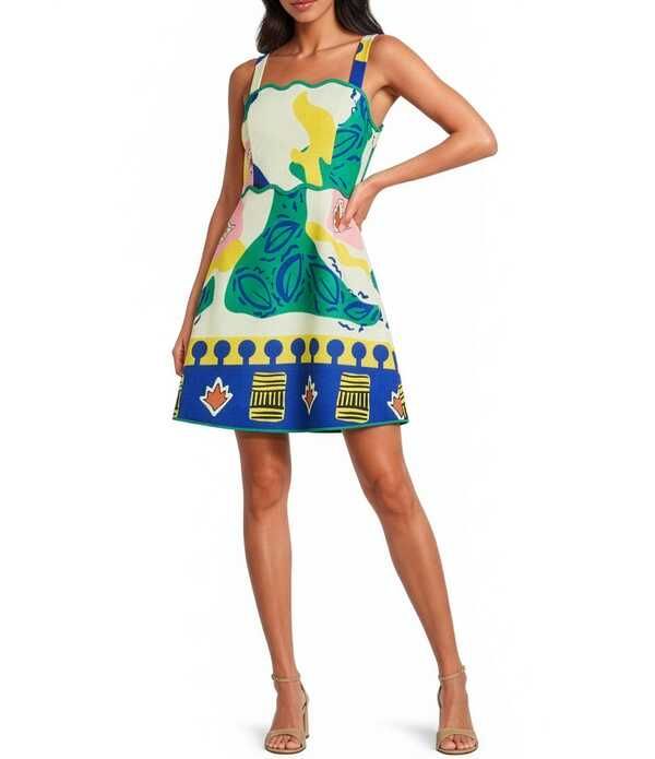 アドレイン ラエ レディース トップス ワンピース プリント ミニ Adelyn Rae Reese Scallop Square Neck Smock Back Printed Mini Dress