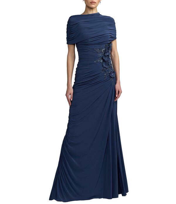 マックダガル レディース トップス ワンピース ドレープ キャップ ケープ ジャージー Mac Duggal Beaded Jersey Draped Capeletop Column Gown Sa