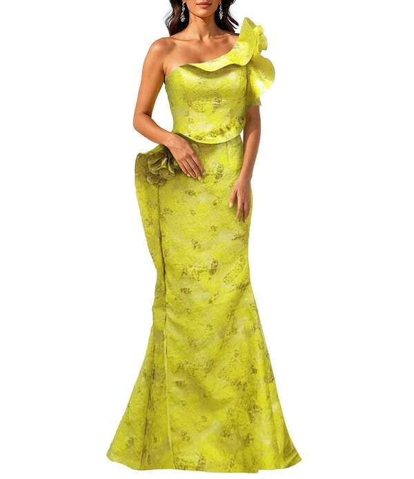 テラニクチュール レディース トップス ワンピース フリル Terani Couture One Shoulder Jacquard Ruffle Longown Lemon