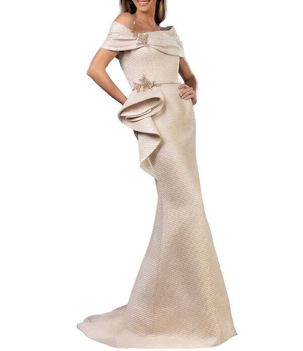 テラニクチュール レディース トップス ワンピース フリル トール Terani Couture OffTheShoulderuffle Front Metallic Jacquard Mermaid