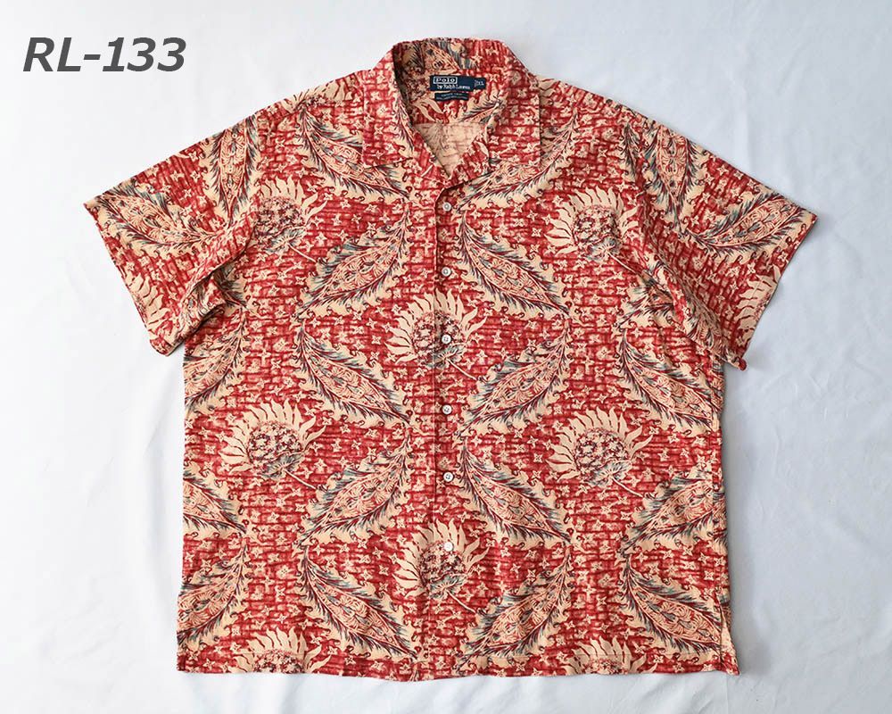 Polo by Ralph Lauren ラルフローレン VINTAGE CAMP 半袖オープンカラーシャツ ポニー無し リネン/コットン ボタニカル総柄プリント サイズ：XL [RL-133]