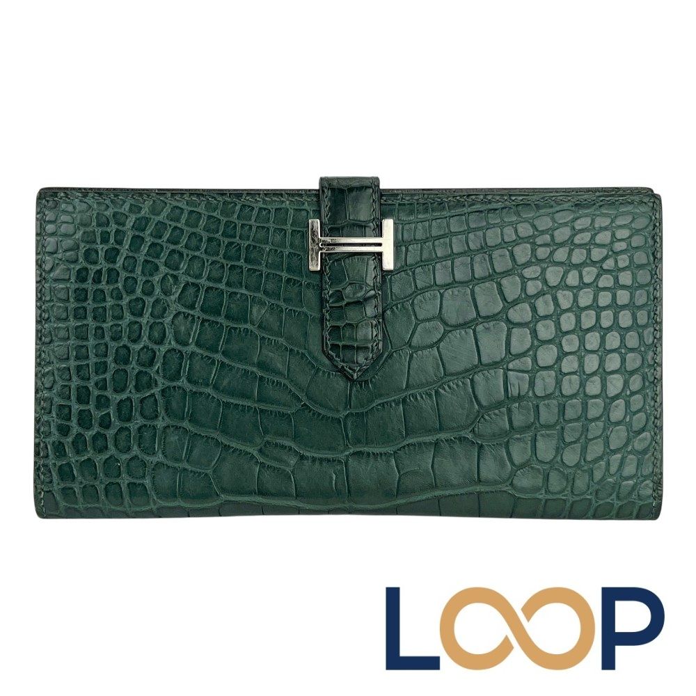 エルメス ■中古■ ベアン クラシック 長財布 ウォレット クロコダイル SS ダークグリーン シルバー □R刻【723902】13