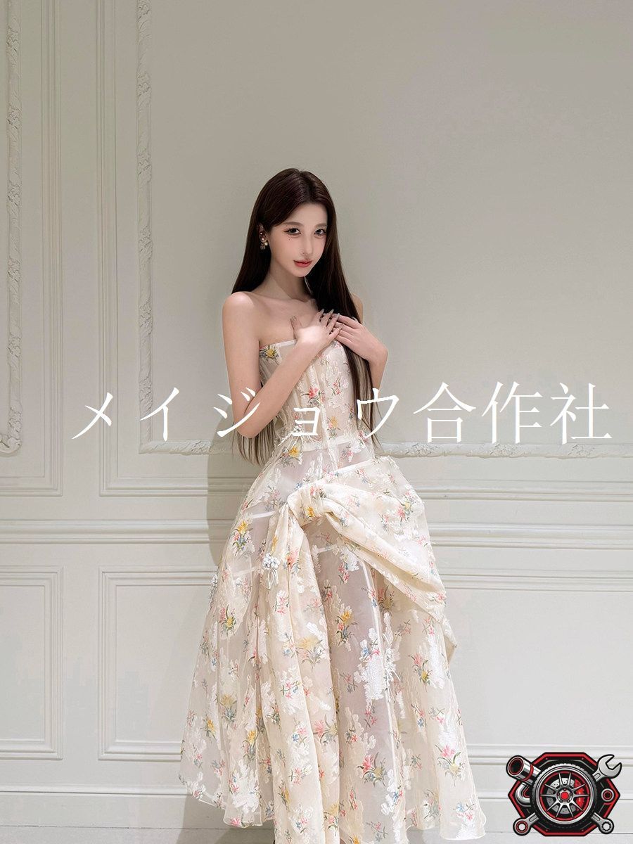 ドレス ワンピース レディース 高見え フラワープリント 成人式 パーティー 誕生日 ドレス ギャザー ウエスト 絞り ノースリーブ ファスナー Aライン S M L かわいい 上品 スタイリッシュ