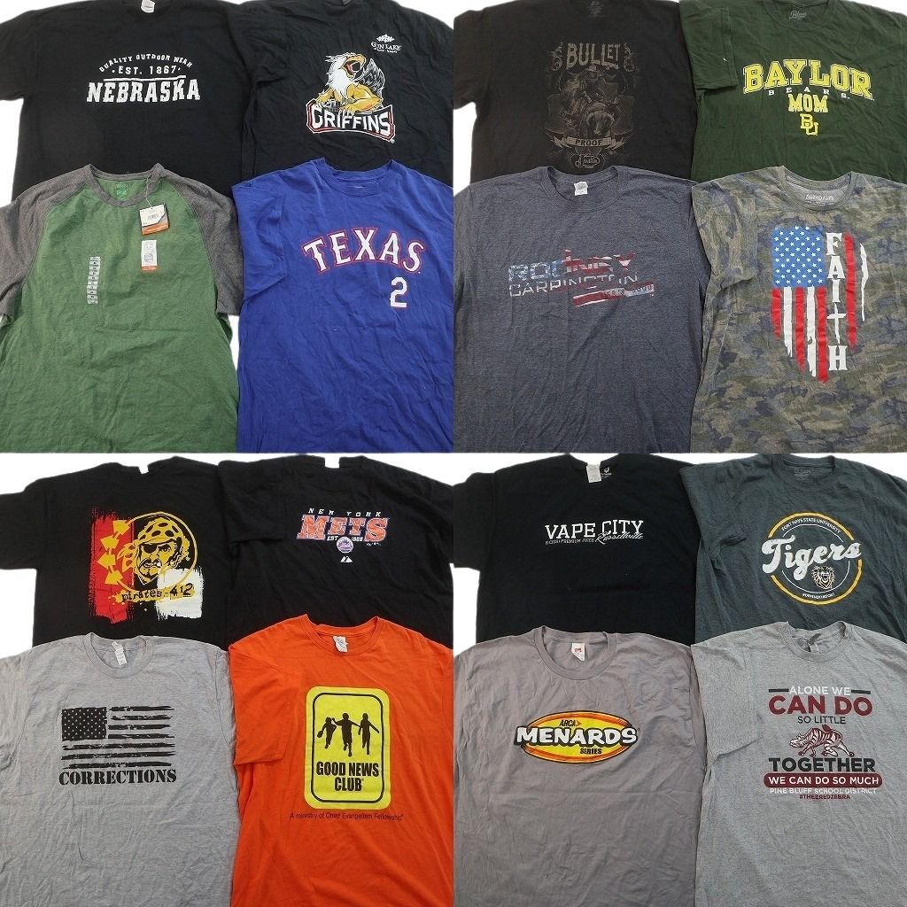 古着卸 まとめ売り プリント Tシャツ 16枚セット ( メンズ XL ) 星条旗 ラグランスリーブ カレッジ風ロゴ 大判プリント 中古 古着 NG2234