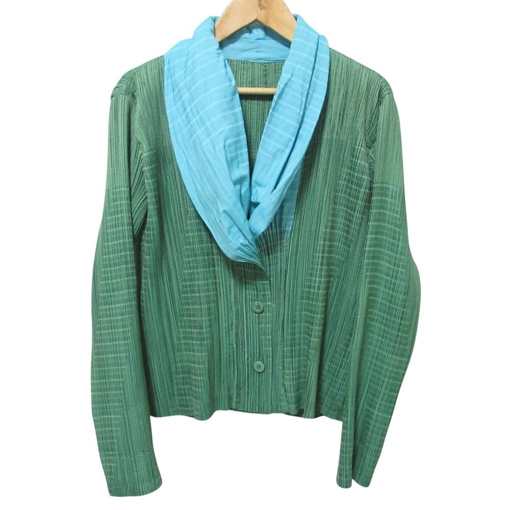 美品 ISSEY MIYAKE イッセイミヤケ ショールカラー プリーツジャケット カーディガン IM72FD659 サイズ2 グリーン レディース 古着 中古 USED 11,325円