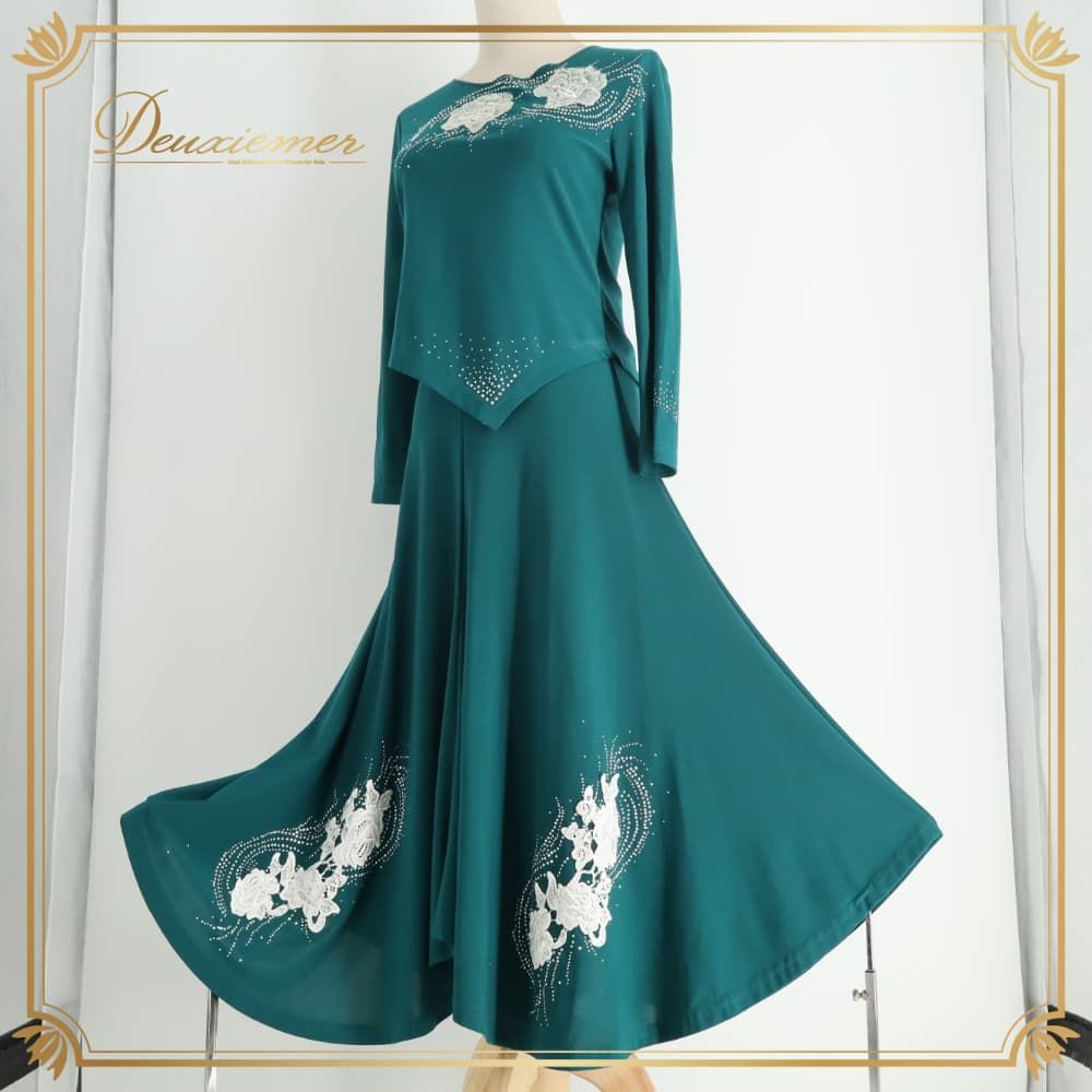 社交ダンス 衣装 prima boutique プリマブティック ツーピース レッスンウェア グリーン系 緑 スタンダード セットアップ 上下セット トップス スカート きれいめ 上品 気品 エレガント かわいい 大人っぽい 華やか ダンスパーティー