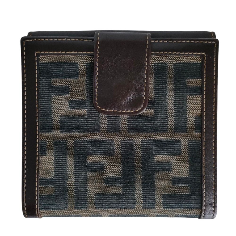美品 FENDI フェンディ ヴィンテージ ズッカ柄 ジャガードキャンバス レザー 二つ折り財布 コンパクトウォレット ブラウン レディース 古着 中古 USED