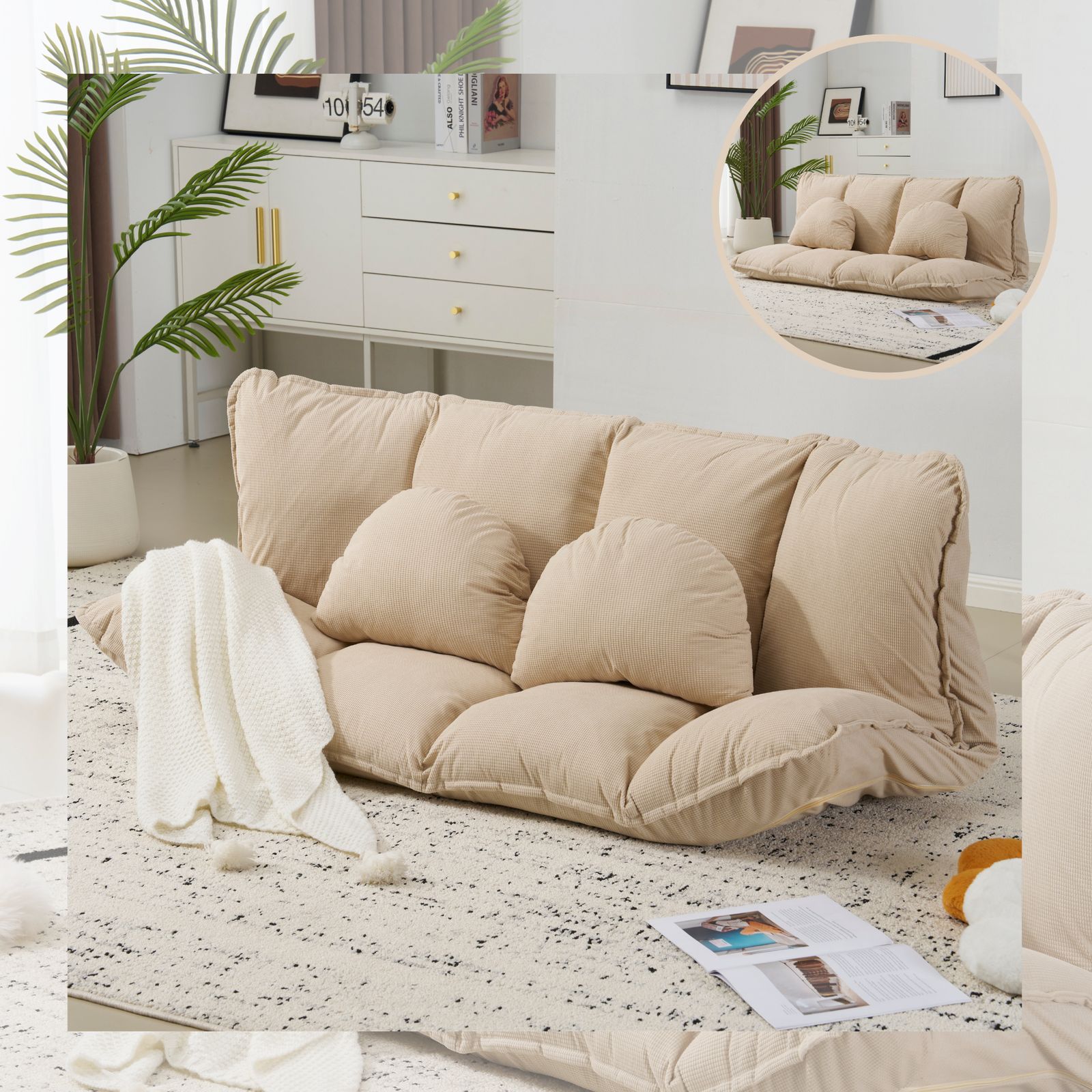 ふかふか3WAYソファベッド 幅160cm 6段階リクライニング クッション2個付き アイボリー【幅160cm・Ivory】