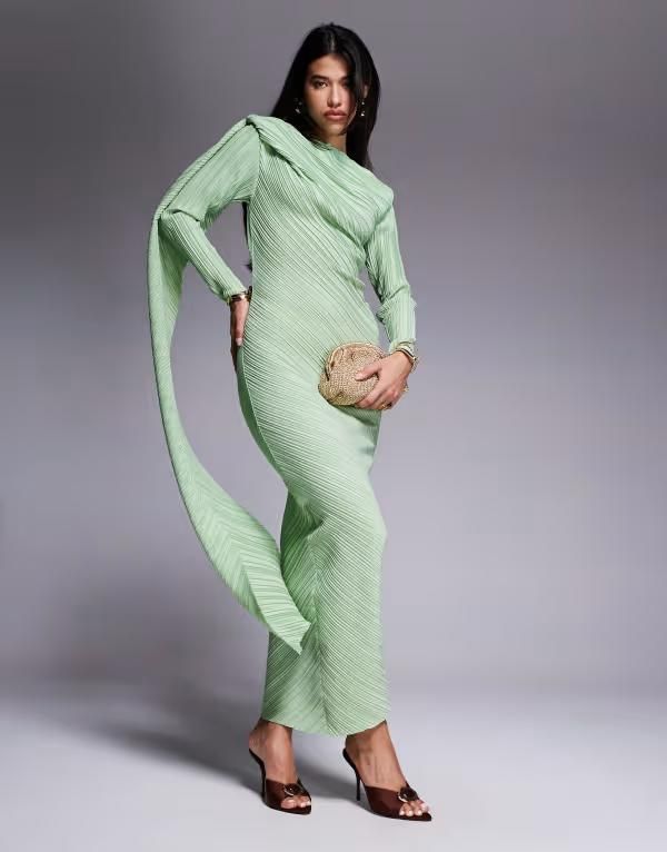 エイソス レディース トップス ワンピース マキシワンピース ドレープ マキシ ASOS DESIGN plisse long sleeve drape detail maxi dress in mi