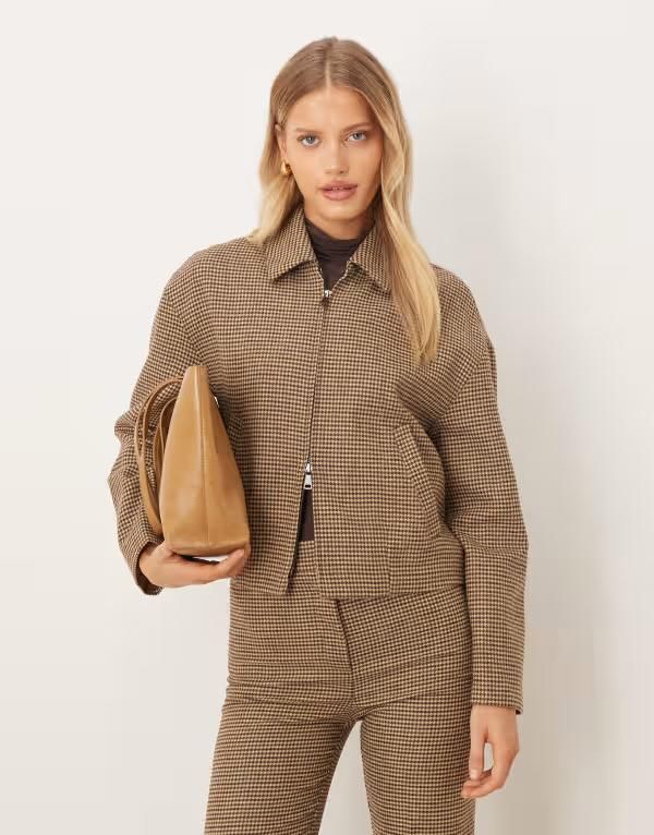 マンゴ レディース アウター ジャケット・ブルゾン ウール Mango Gina wool mix zip up jacket plaid part of a set BROWN ブラウン 26,520円