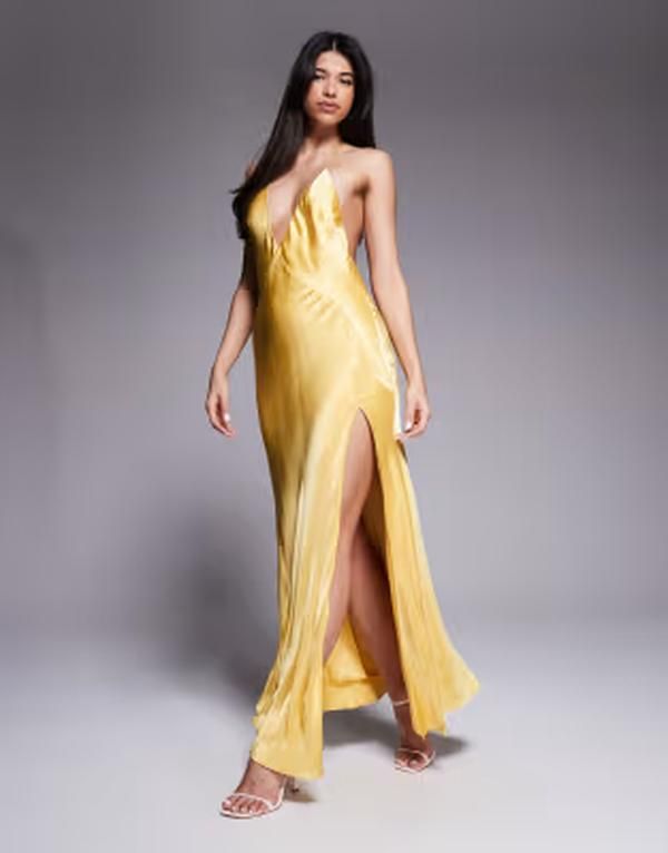 バードット レディース トップス ワンピース サテン ホルター Bardot Yve satin plunge halter neck low back slit front midaxi dress