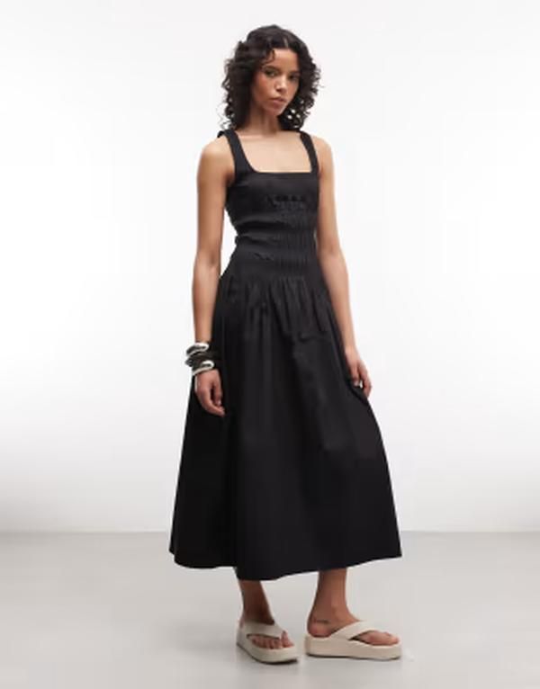 コルージョン レディース トップス ワンピース ミディ コットン COLLUSION square neck cotton shirred midi dress Black ブラック
