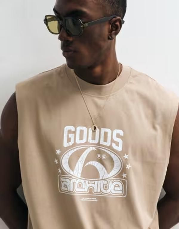エイソス メンズ トップス ベスト グラフィック ASOS DESIGN oversized tank with text graphic in mocha meringue モカ