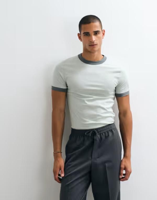 エイソス メンズ トップス Tシャツ ASOS DESIGN slim ringer Tshirt Pigeon グレー