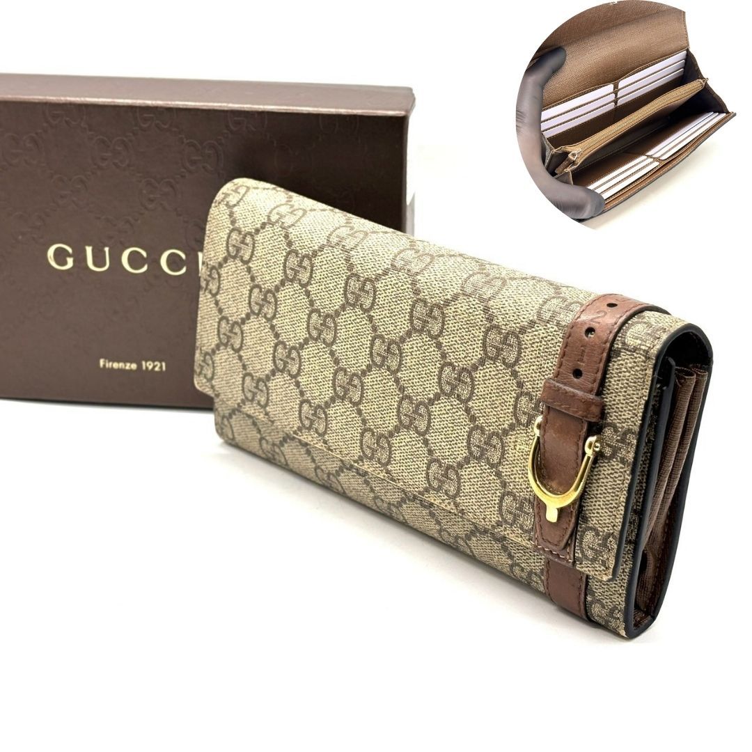 【馬具の金色が導く悠久】　GUCCI　長財布 GGスプリーム ニース ベルトデザイン ホースビット ゴールド金具 12カード　ブラウン