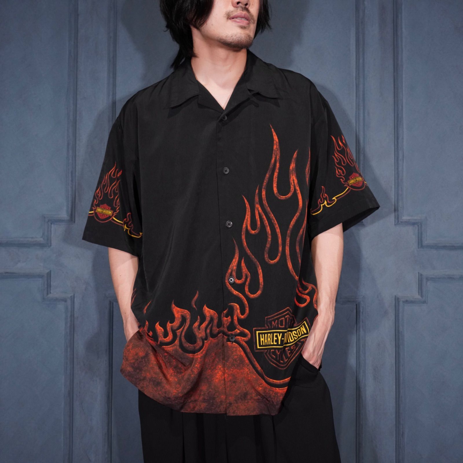 USA VINTAGE HARLEY DAVIDSON FIRE LOGO PATTERNED OPEN COLLAR HALF SLEEVE SHIRT/アメリカ古着ハーレーダヴィッドソンファイヤーロゴオープンカラー半袖シャツ