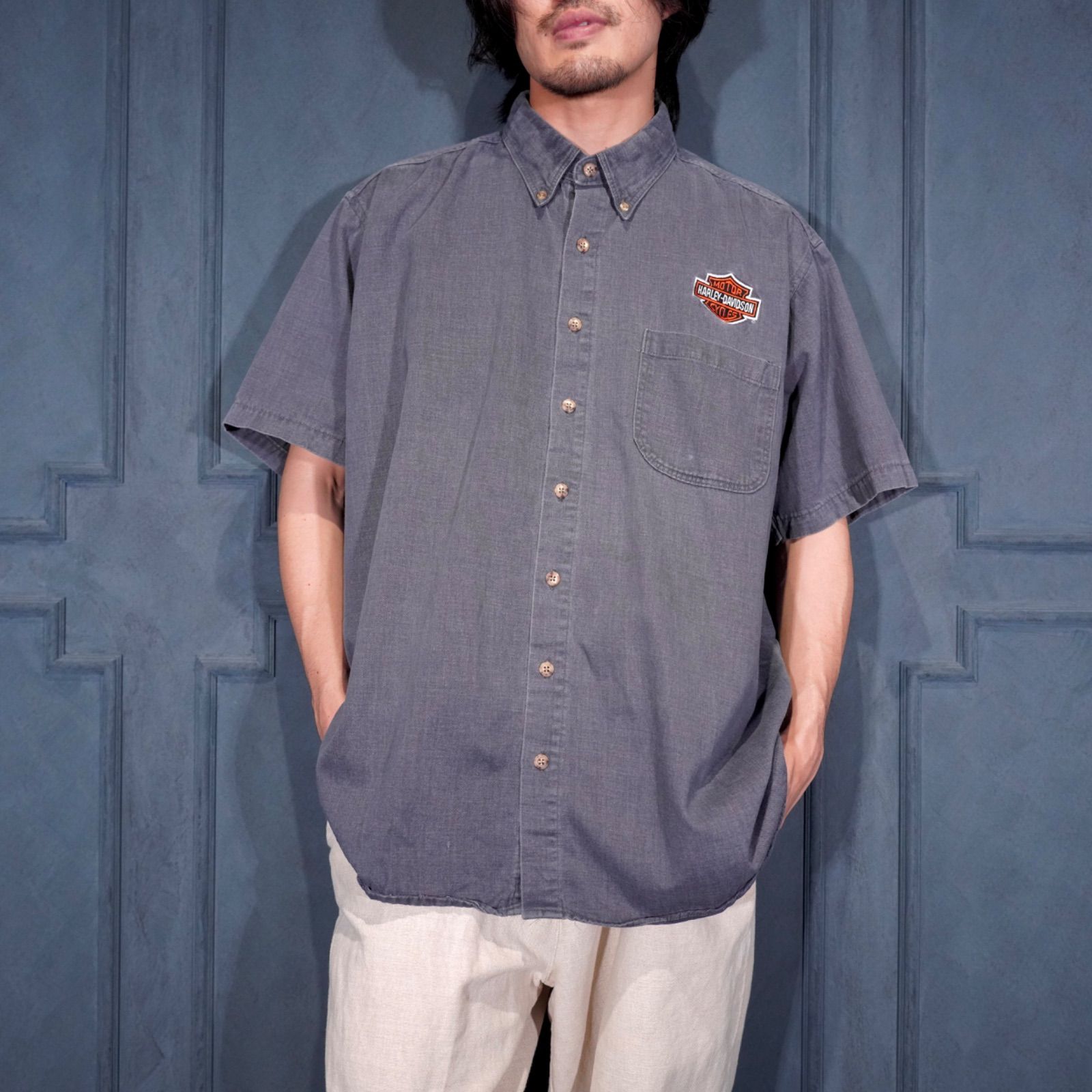 USA VINTAGE HARLEY DAVIDSON LOGO DESIGN HALF SLEEVE COTTON HALF SLEEVE SHIRT/アメリカ古着ハーレーダヴィッドソンロゴデザインコットン半袖シャツ