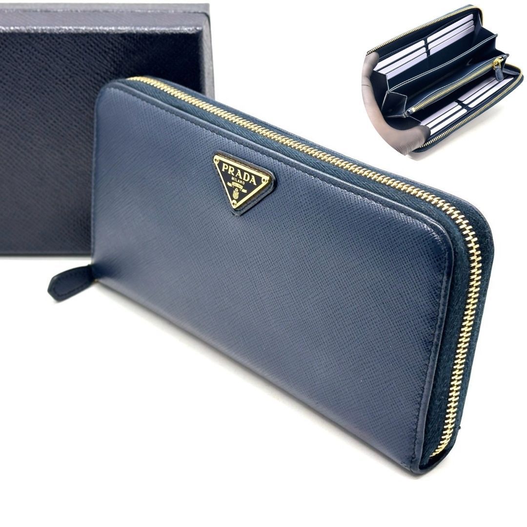 【三角の矜持が紺碧に光る】　PRADA　長財布 サフィアーノレザー トライアングルロゴ ラウンドファスナー 12カード　ネイビー