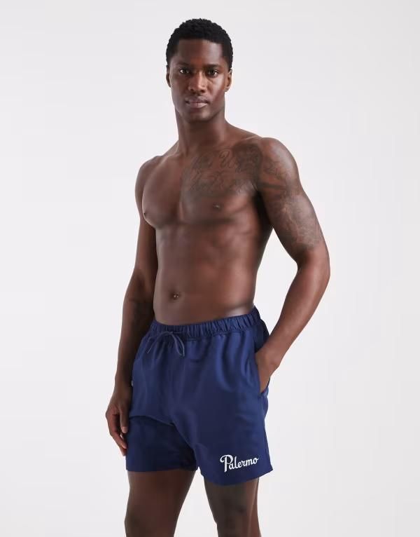 エイソス メンズ 水着 ハーフパンツ・ショーツ ショートパンツ ASOS DESIGN swim shorts in mid length with embroidery NAVY ネイビー
